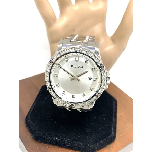 Bulova Men's Watch 96K114 Quartz Silver Dial Crystals Steel Gemmed 42mm Set - Picture 1 of 14